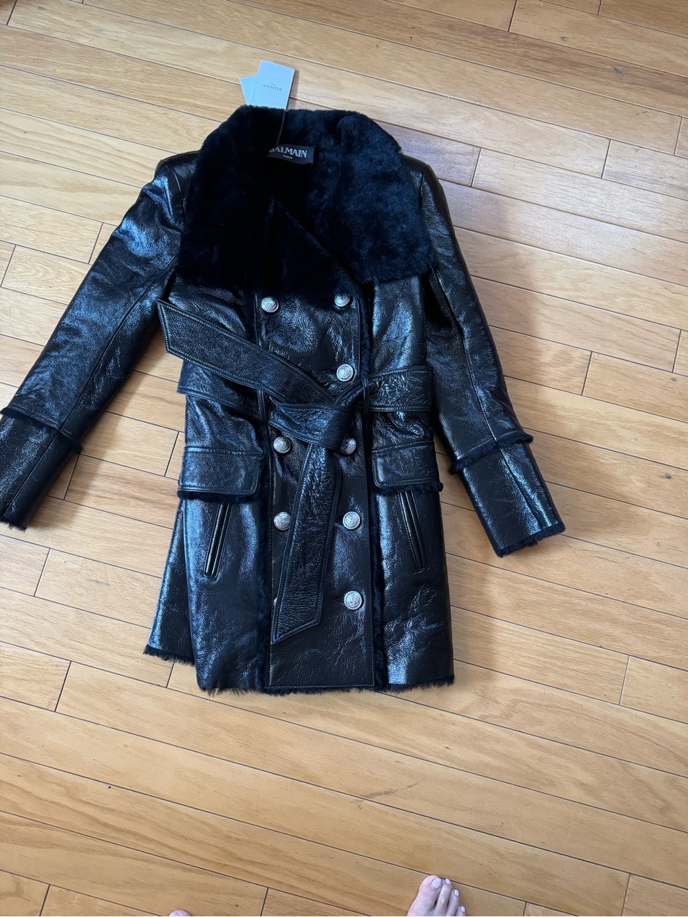 Balmain Black Double-Breasted Shearling-Trim Trench Coat
